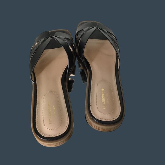 Liz Claiborne Womens Black Leather Slide Sandals Size 9 With Textured Straps & W - Picture 4 of 7